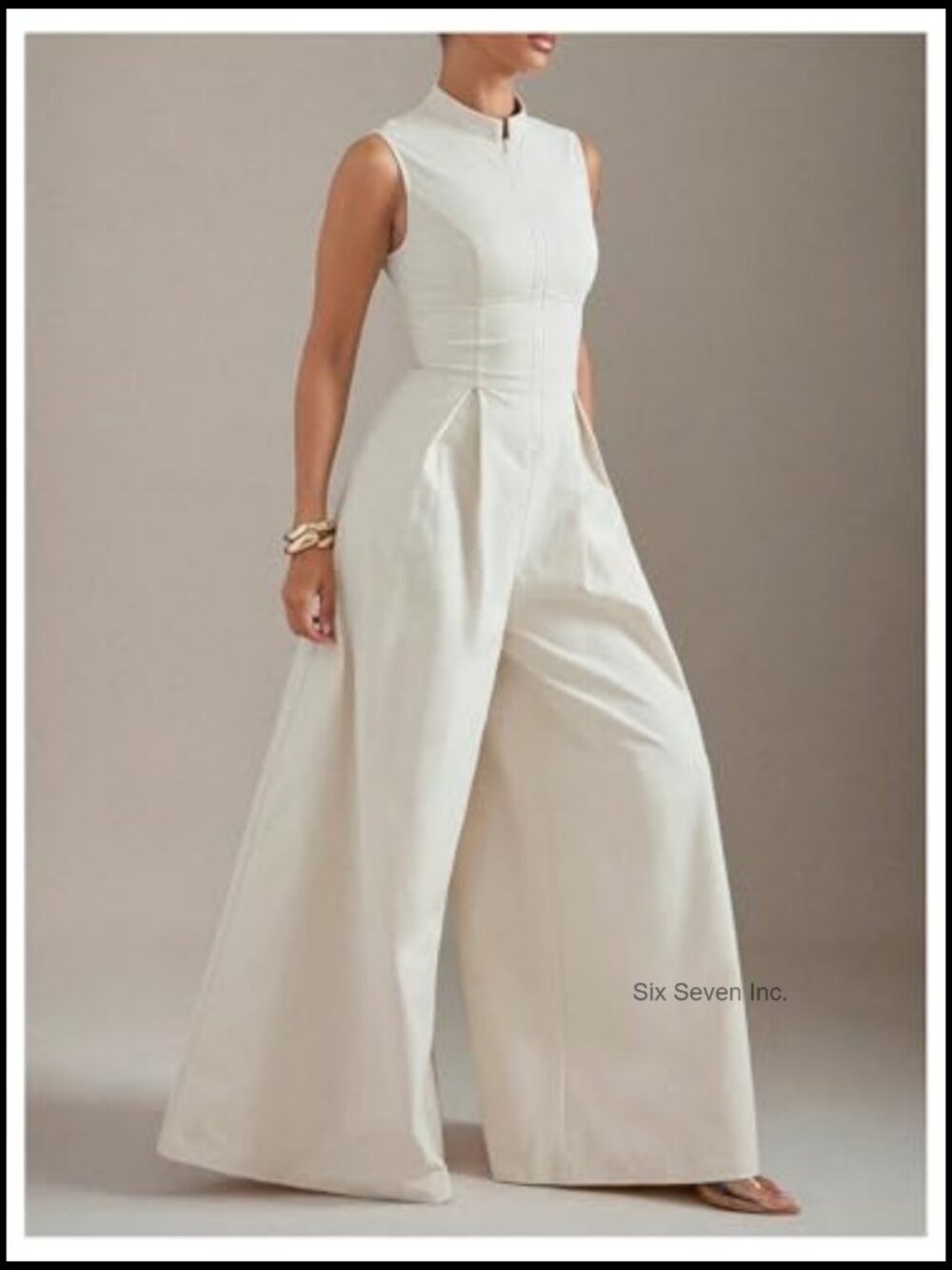 Zipper Front Wide Leg Jumpsuit Mock Neck Sleeveless Elegant Romper - Picture 5 of 5
